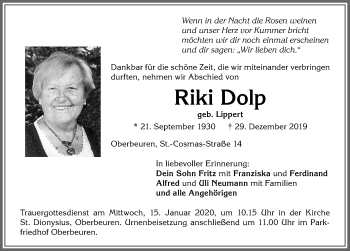 Traueranzeige von Riki Dolp von Allgäuer Zeitung, Kaufbeuren/Buchloe