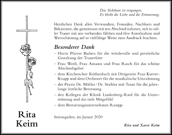 Traueranzeige von Rita Keim von Der Westallgäuer