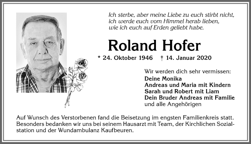  Traueranzeige für Roland Hofer vom 25.01.2020 aus Allgäuer Zeitung, Marktoberdorf