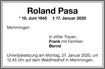 Traueranzeige von Roland Pasa von Memminger Zeitung