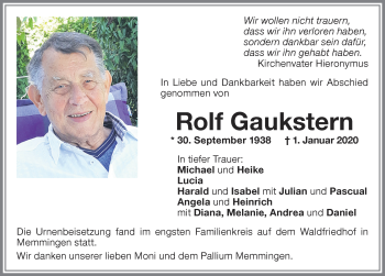 Traueranzeige von Rolf Gaukstern von Memminger Zeitung