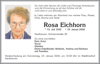 Traueranzeige von Rosa Eichhorn von Allgäuer Zeitung, Kaufbeuren/Buchloe