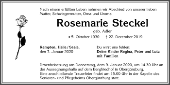 Traueranzeige von Rosemarie Steckel von Allgäuer Zeitung, Marktoberdorf