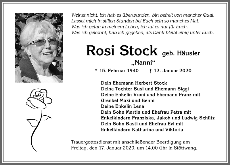 Traueranzeige für Rosi Stock vom 15.01.2020 aus Allgäuer Zeitung, Kaufbeuren/Buchloe