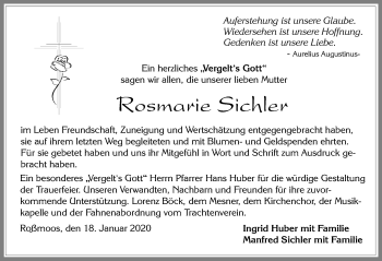Traueranzeige von Rosmarie Sichler von Allgäuer Zeitung, Füssen