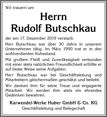 Traueranzeige von Rudolf Butschkau von Allgäuer Zeitung, Kaufbeuren/Buchloe