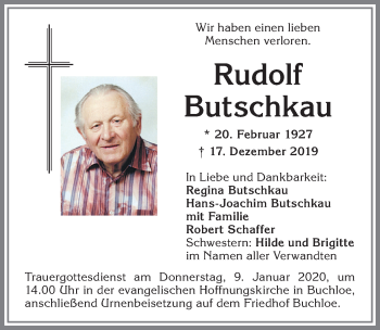 Traueranzeige von Rudolf Butschkau von Allgäuer Zeitung, Kaufbeuren/Buchloe