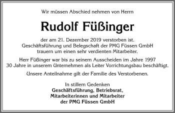 Traueranzeige von Rudolf Füßinger von Allgäuer Zeitung, Füssen