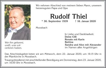 Traueranzeige von Rudolf Thiel von Allgäuer Zeitung,Kempten