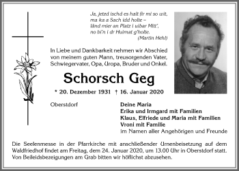 Traueranzeige von Schorsch Geg von Allgäuer Anzeigeblatt