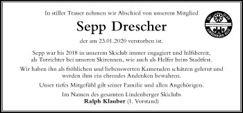 Traueranzeige von Sepp Drescher von Der Westallgäuer