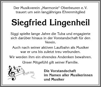 Traueranzeige von Siegfried Lingenheil von Allgäuer Zeitung, Kaufbeuren/Buchloe
