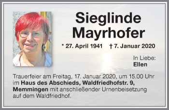 Traueranzeige von Sieglinde Mayrhofer von Memminger Zeitung