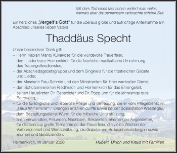 Traueranzeige von Thaddäus Specht von Der Westallgäuer