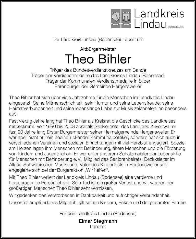  Traueranzeige für Theo Bihler vom 25.01.2020 aus Der Westallgäuer