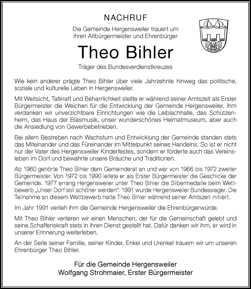  Traueranzeige für Theo Bihler vom 25.01.2020 aus Der Westallgäuer
