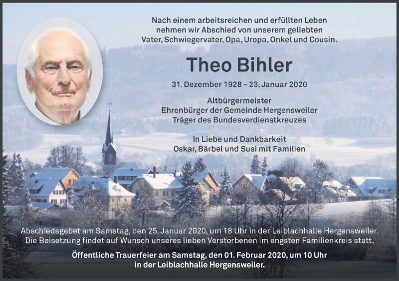  Traueranzeige für Theo Bihler vom 24.01.2020 aus Der Westallgäuer