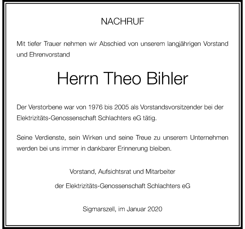  Traueranzeige für Theo Bihler vom 25.01.2020 aus Der Westallgäuer