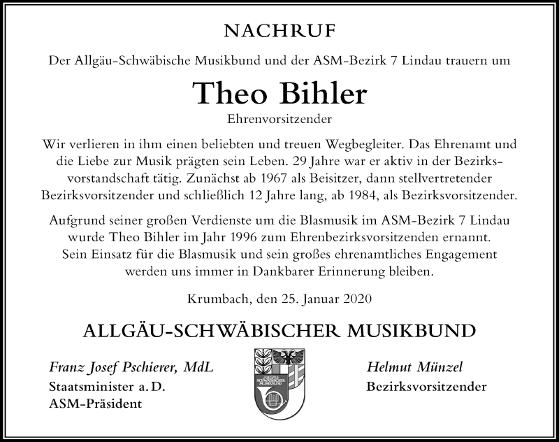  Traueranzeige für Theo Bihler vom 25.01.2020 aus Der Westallgäuer