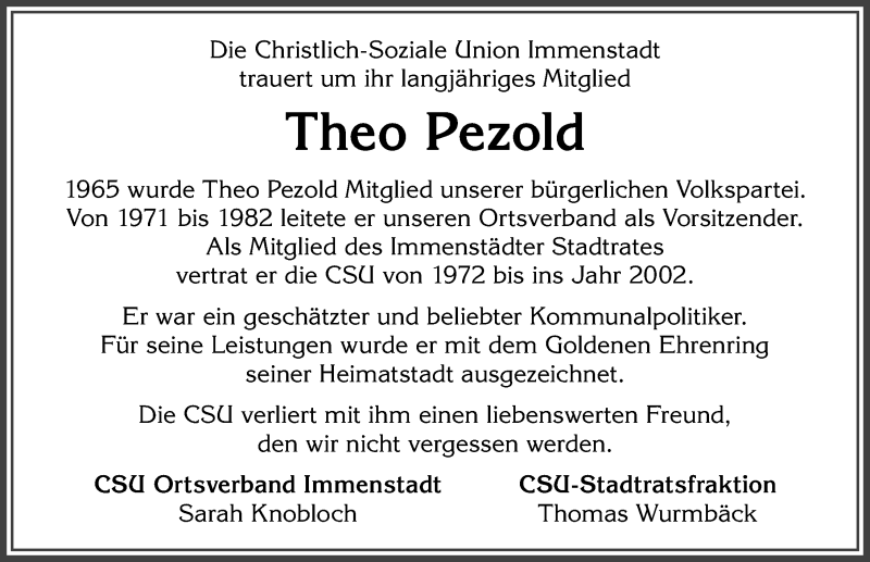  Traueranzeige für Theo Pezold vom 22.01.2020 aus Allgäuer Anzeigeblatt