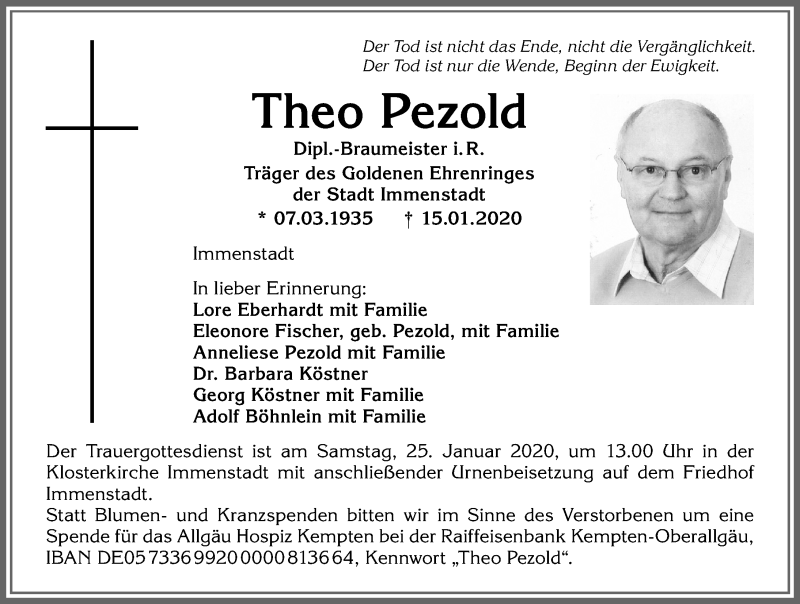  Traueranzeige für Theo Pezold vom 18.01.2020 aus Allgäuer Anzeigeblatt