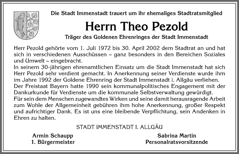  Traueranzeige für Theo Pezold vom 22.01.2020 aus Allgäuer Anzeigeblatt