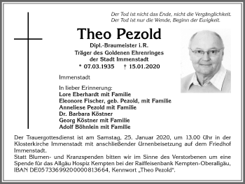 Traueranzeige von Theo Pezold von Allgäuer Anzeigeblatt