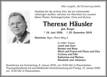 Traueranzeige von Therese Häusler von Allgäuer Zeitung, Kaufbeuren/Buchloe