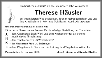 Traueranzeige von Therese Häusler von Allgäuer Zeitung, Kaufbeuren/Buchloe