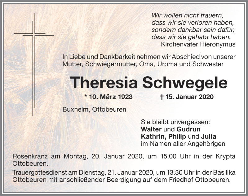  Traueranzeige für Theresia Schwegele vom 18.01.2020 aus Memminger Zeitung