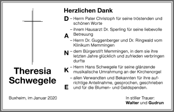 Traueranzeige von Theresia Schwegele von Memminger Zeitung