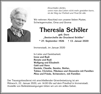 Traueranzeige von Theresia Schöler von Allgäuer Anzeigeblatt