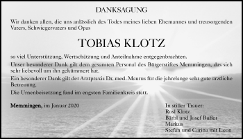 Traueranzeige von Tobias Klotz von Memminger Zeitung