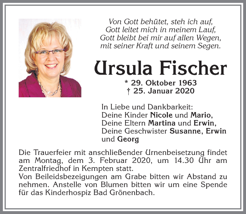  Traueranzeige für Ursula Fischer vom 29.01.2020 aus Allgäuer Zeitung