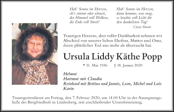 Traueranzeige von Ursula Liddy Käthe Popp von Der Westallgäuer
