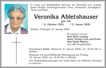 Traueranzeige von Veronika Abletshauser von Allgäuer Zeitung, Marktoberdorf
