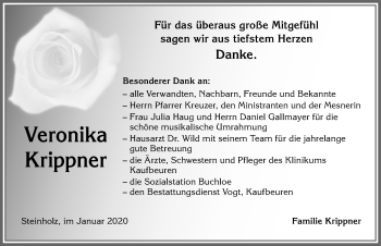 Traueranzeige von Veronika Krippner von Allgäuer Zeitung, Kaufbeuren/Buchloe