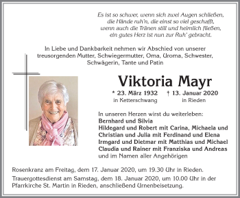 Traueranzeige von Viktoria Mayr von Allgäuer Zeitung, Kaufbeuren/Buchloe