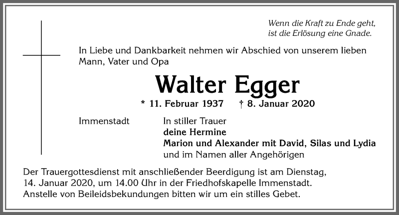  Traueranzeige für Walter Egger vom 11.01.2020 aus Allgäuer Anzeigeblatt