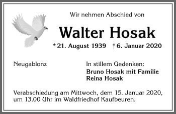 Traueranzeige von Walter Hosak von Allgäuer Zeitung, Kaufbeuren/Buchloe