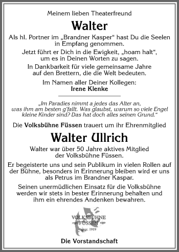 Traueranzeige von Walter Ullrich von Allgäuer Zeitung, Füssen