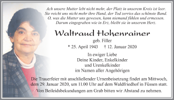 Traueranzeige von Waltraud Hohenrainer von Allgäuer Zeitung, Füssen