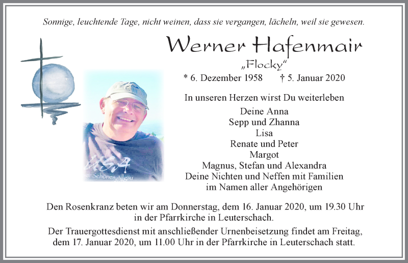  Traueranzeige für Werner Hafenmair vom 14.01.2020 aus Allgäuer Zeitung, Marktoberdorf