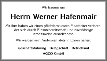 Traueranzeige von Werner Hafenmair von Allgäuer Zeitung, Marktoberdorf