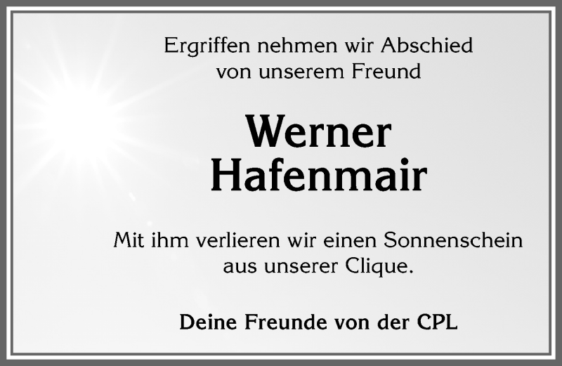  Traueranzeige für Werner Hafenmair vom 15.01.2020 aus Allgäuer Zeitung, Marktoberdorf