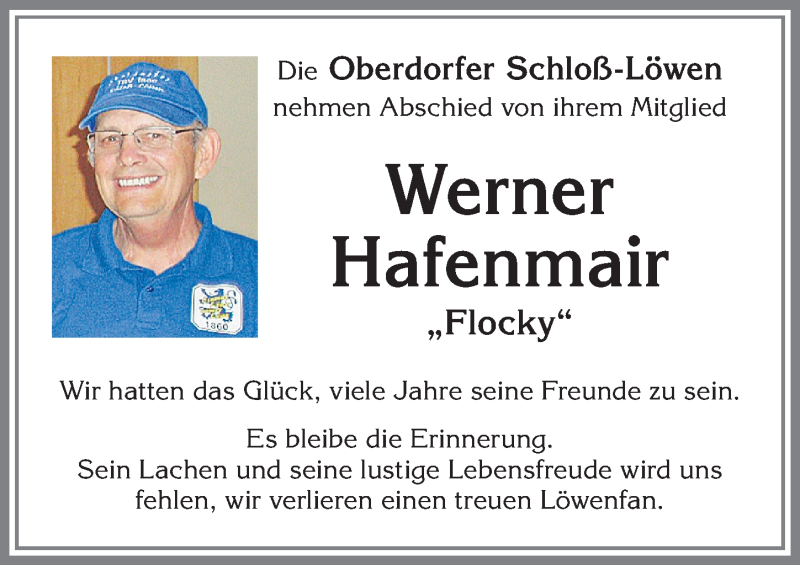  Traueranzeige für Werner Hafenmair vom 16.01.2020 aus Allgäuer Zeitung, Marktoberdorf