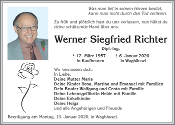 Traueranzeige von Werner Siegfried Richter von Allgäuer Zeitung, Kaufbeuren/Buchloe