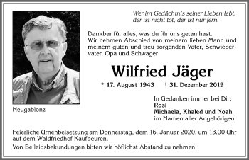 Traueranzeige von Wilfried Jäger von Allgäuer Zeitung, Kaufbeuren/Buchloe