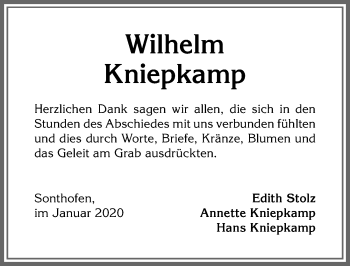 Traueranzeige von Wilhelm Kniepkamp von Allgäuer Anzeigeblatt