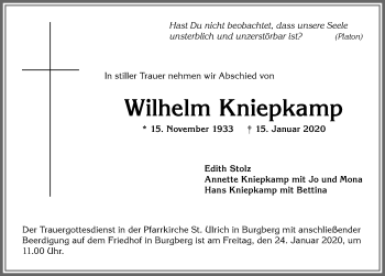 Traueranzeige von Wilhelm Kniepkamp von Allgäuer Anzeigeblatt